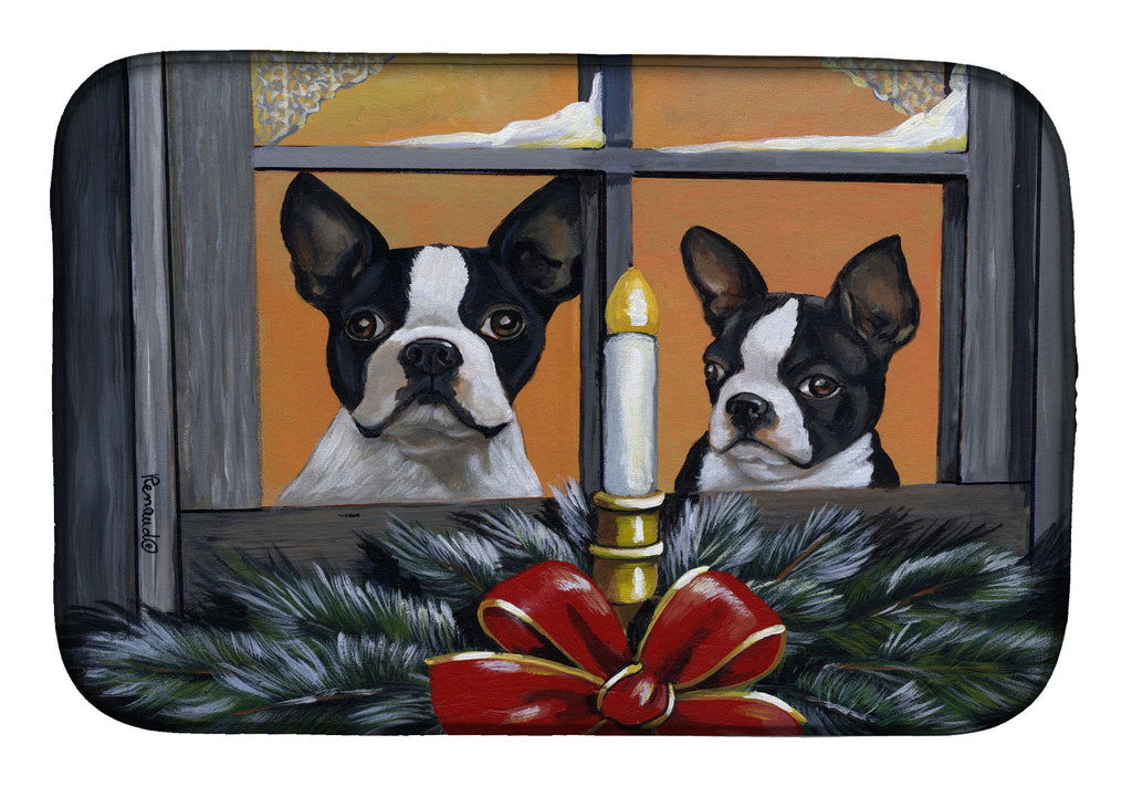 Boston Terrier Looking for Santa Christmas Dish Drying Mat Absorbent Dish Drying Mat Pad for Kitchen Counter Dish Drainer Mat for Countertop, 14 x 21", Multicolor