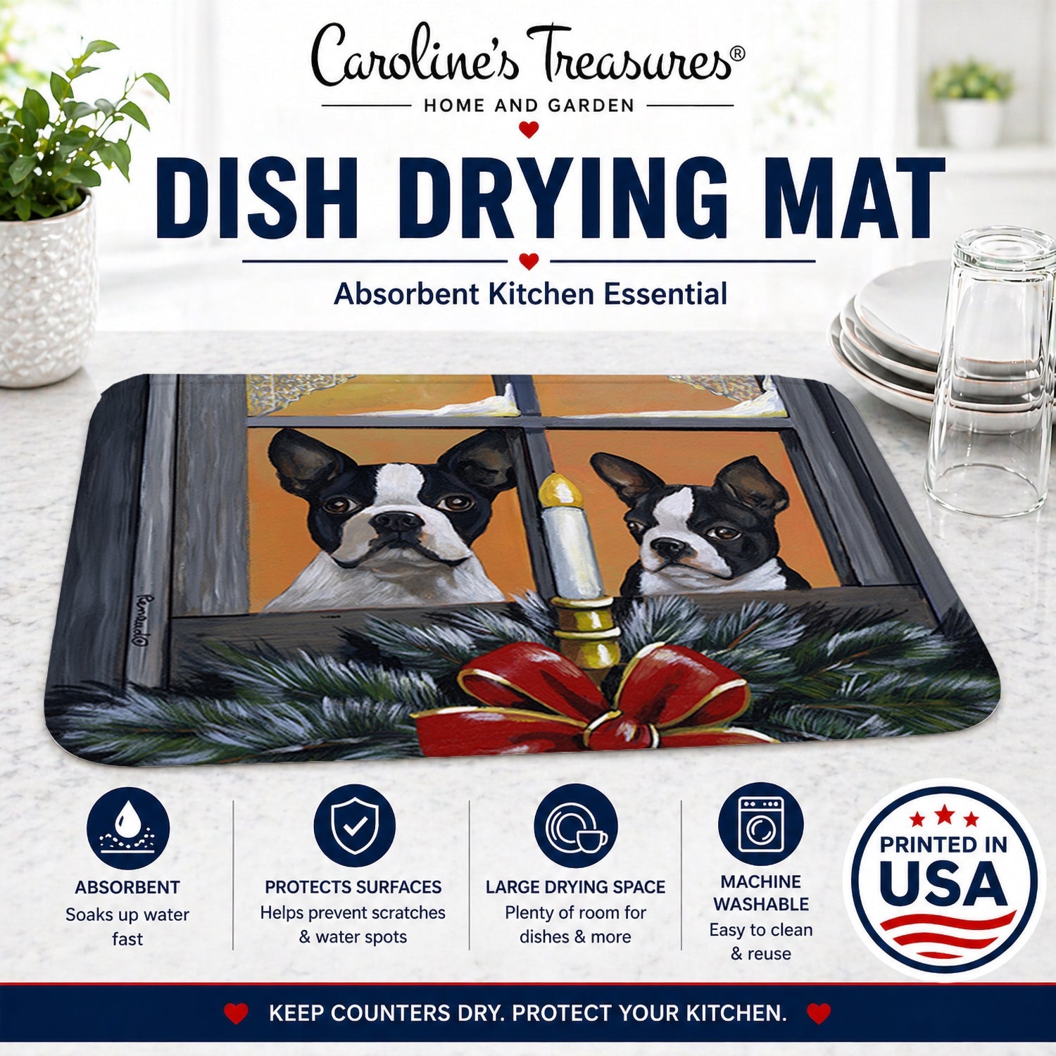 Boston Terrier Looking for Santa Christmas Dish Drying Mat Absorbent Dish Drying Mat Pad for Kitchen Counter Dish Drainer Mat for Countertop, 14 x 21", Multicolor