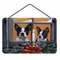Boston Terrier Looking for Santa Christmas Wall or Door Hanging Prints Aluminum Metal Sign Kitchen Wall Bar Bathroom Plaque Home Decor, 8HX12W, Multicolor