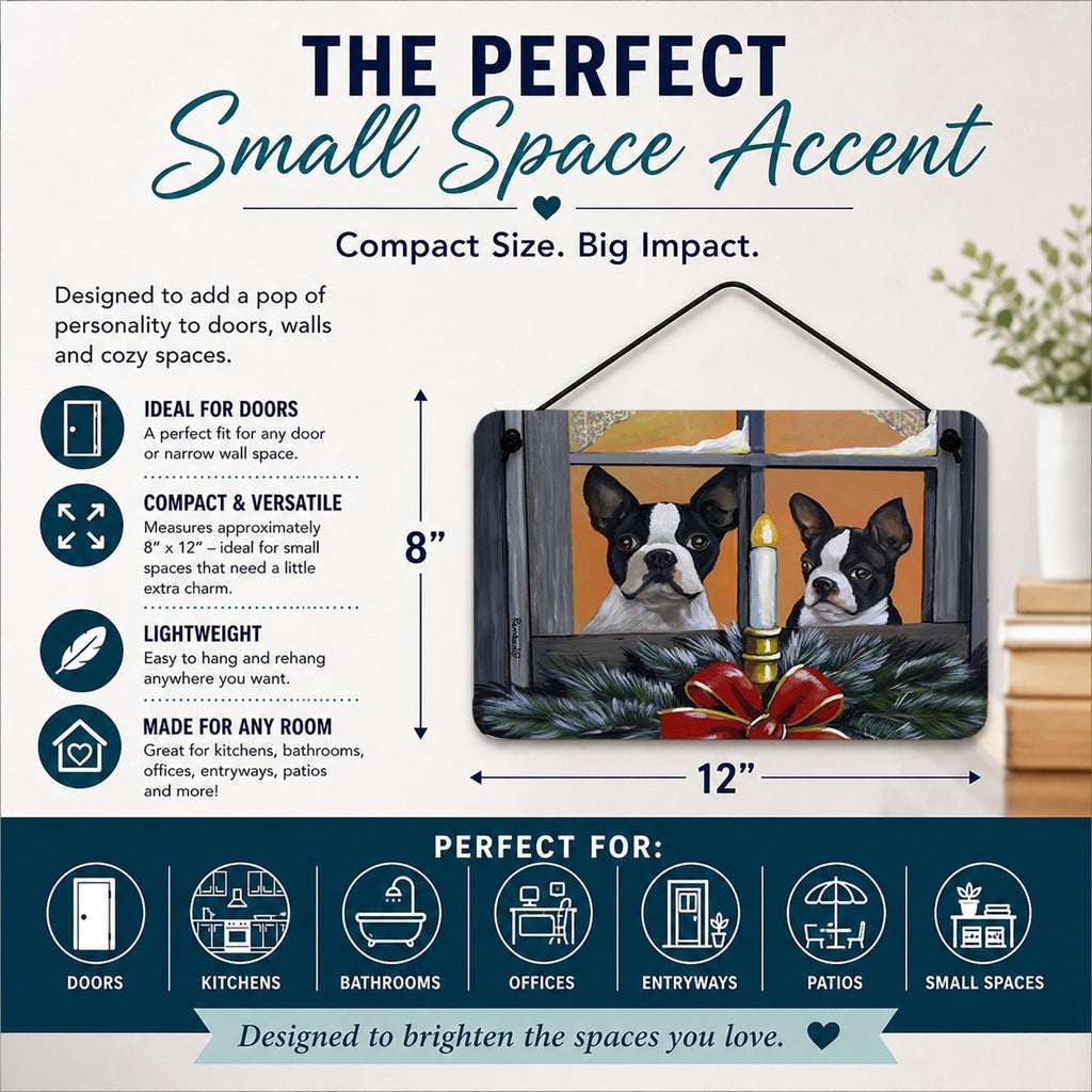 Boston Terrier Looking for Santa Christmas Wall or Door Hanging Prints Aluminum Metal Sign Kitchen Wall Bar Bathroom Plaque Home Decor, 8HX12W, Multicolor