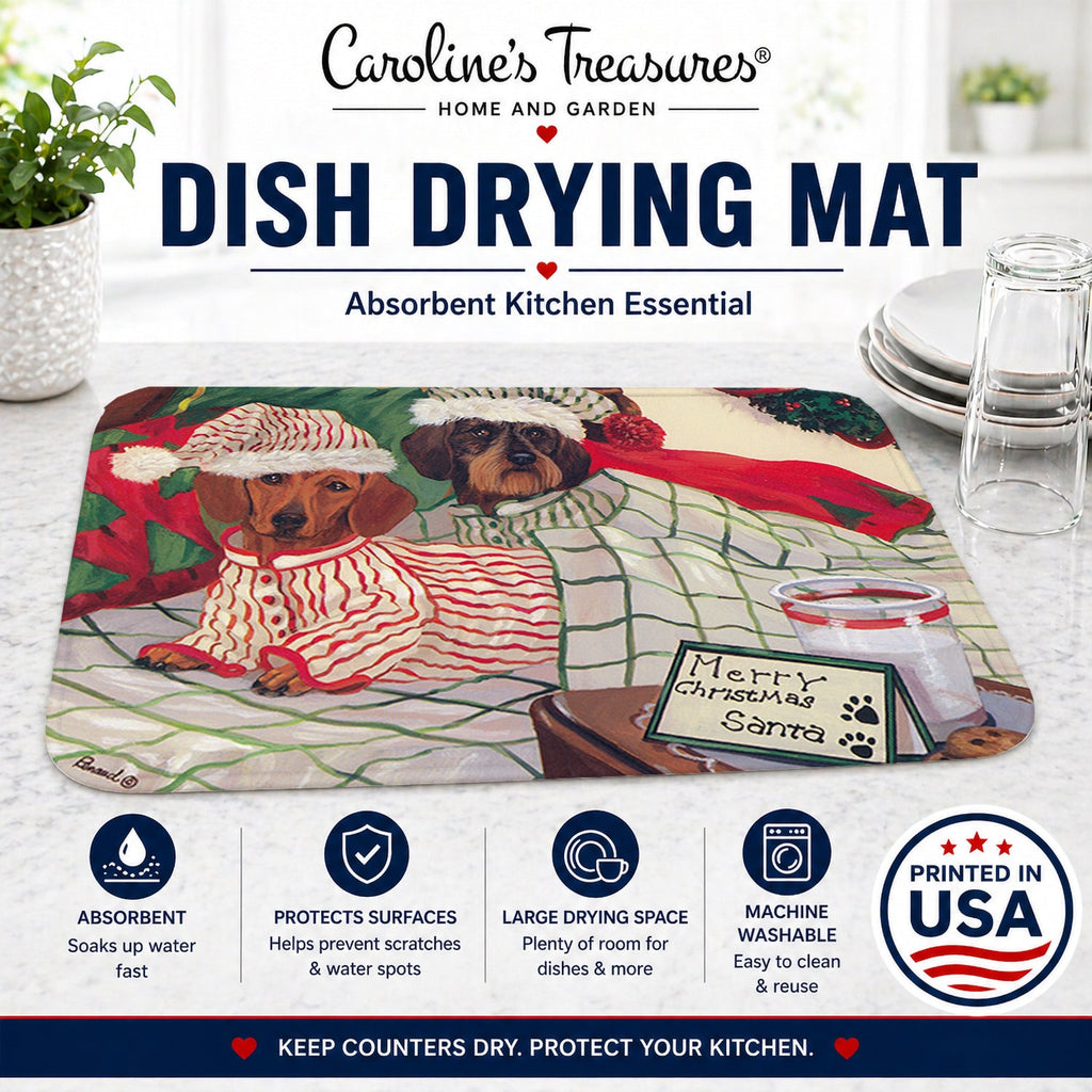 Dachshund Christmas Waiting for Santa Dish Drying Mat Absorbent Dish Drying Mat Pad for Kitchen Counter Dish Drainer Mat for Countertop, 14 x 21", Multicolor