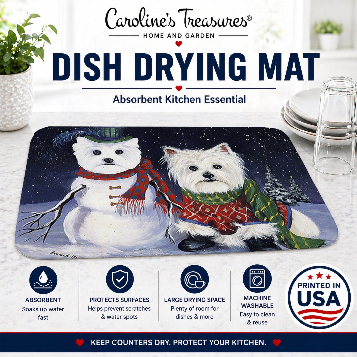 Westie Christmas Self Portrait Dish Drying Mat Absorbent Dish Drying Mat Pad for Kitchen Counter Dish Drainer Mat for Countertop, 14 x 21", Multicolor