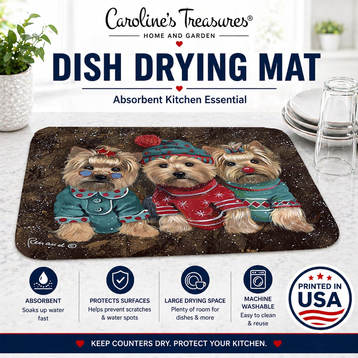 Yorkshire Terrier Yorkie Christmas Elves Dish Drying Mat Absorbent Dish Drying Mat Pad for Kitchen Counter Dish Drainer Mat for Countertop, 14 x 21", Multicolor