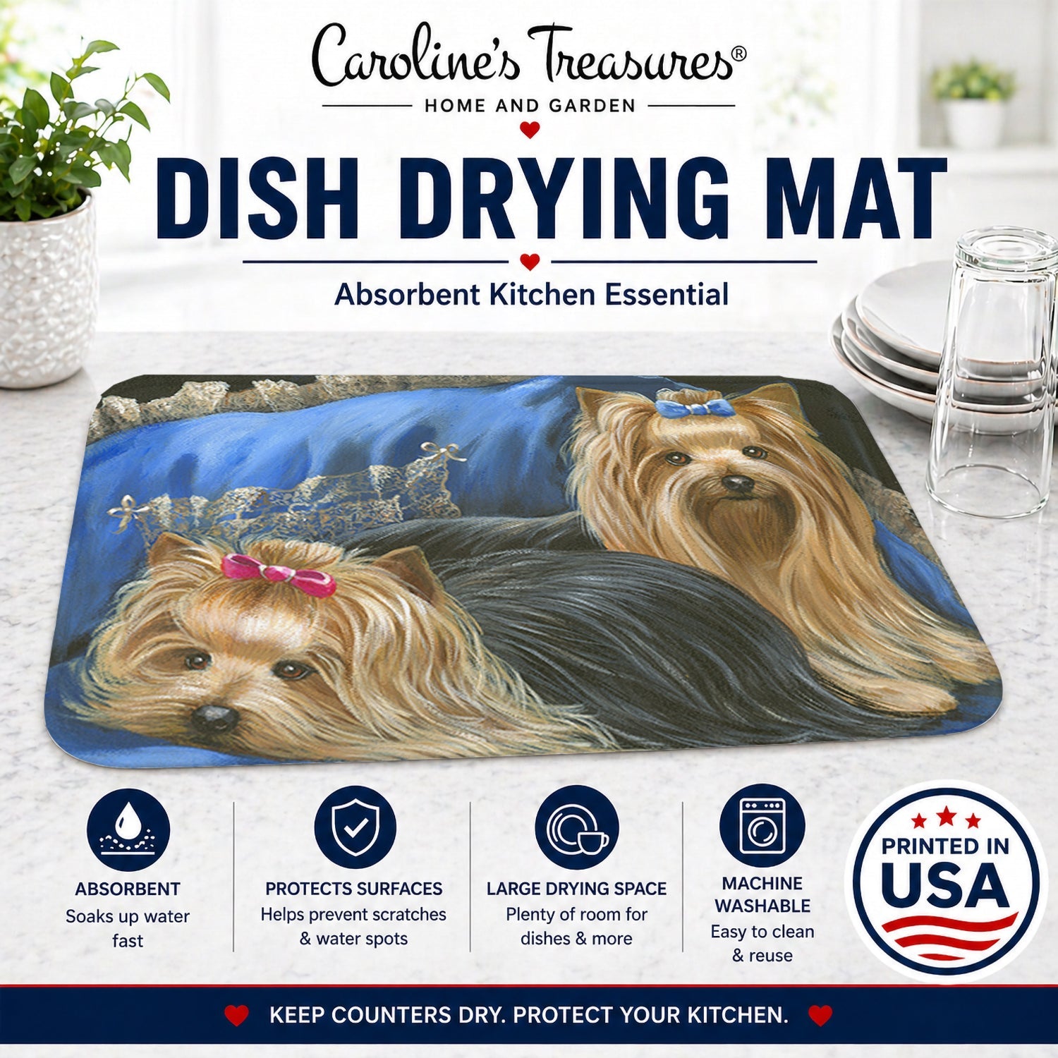 Yorkshire Terrier Yorkie Satin and Lace Dish Drying Mat Absorbent Dish Drying Mat Pad for Kitchen Counter Dish Drainer Mat for Countertop, 14 x 21", Multicolor