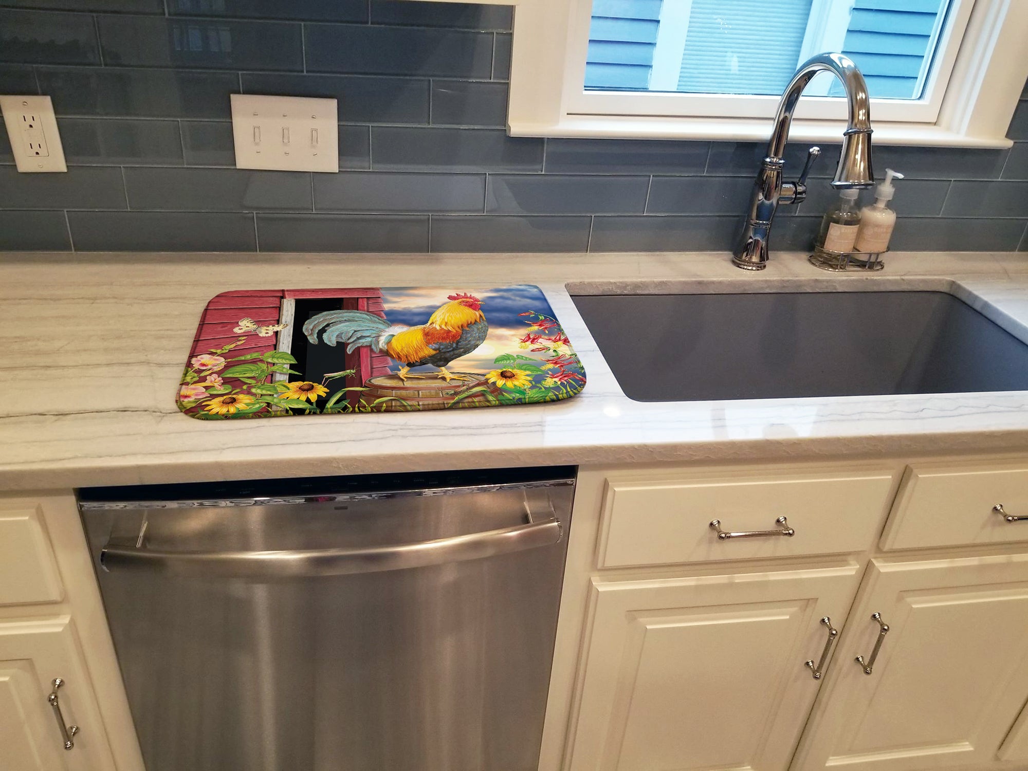 Rooster Barnyard Morning Dish Drying Mat Absorbent Dish Drying Mat Pad for Kitchen Counter Dish Drainer Mat for Countertop, 14 x 21", Multicolor