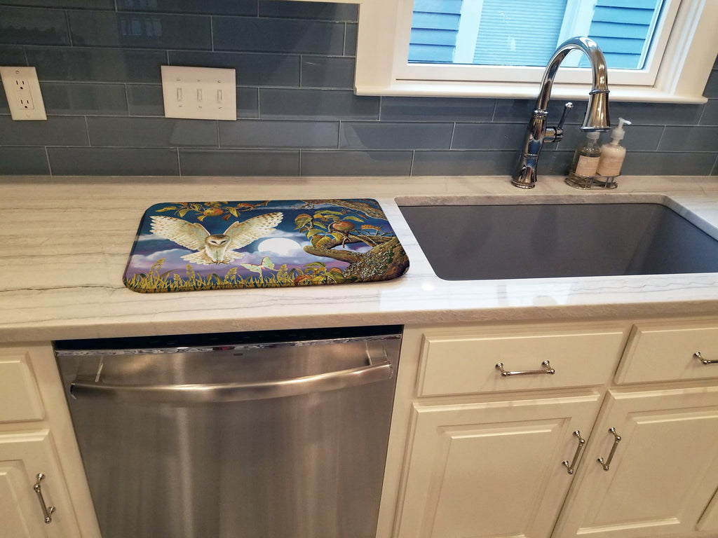 Barn Owl In The Apple Orchard Dish Drying Mat Absorbent Dish Drying Mat Pad for Kitchen Counter Dish Drainer Mat for Countertop, 14 x 21", Multicolor