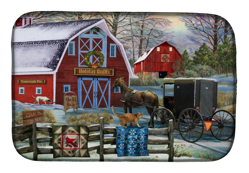 Christmas Holiday Quilt Shop Barn Dish Drying Mat Absorbent Dish Drying Mat Pad for Kitchen Counter Dish Drainer Mat for Countertop, 14 x 21", Multicolor