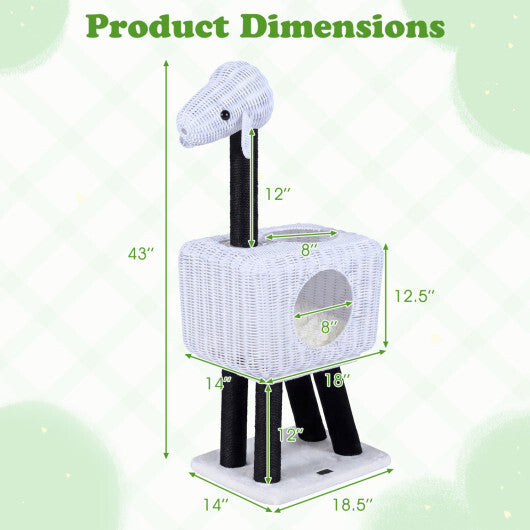 43-Inch Lamb-Shaped Cat Tower with 2-Door Rattan Condo for Indoor Kittens-White