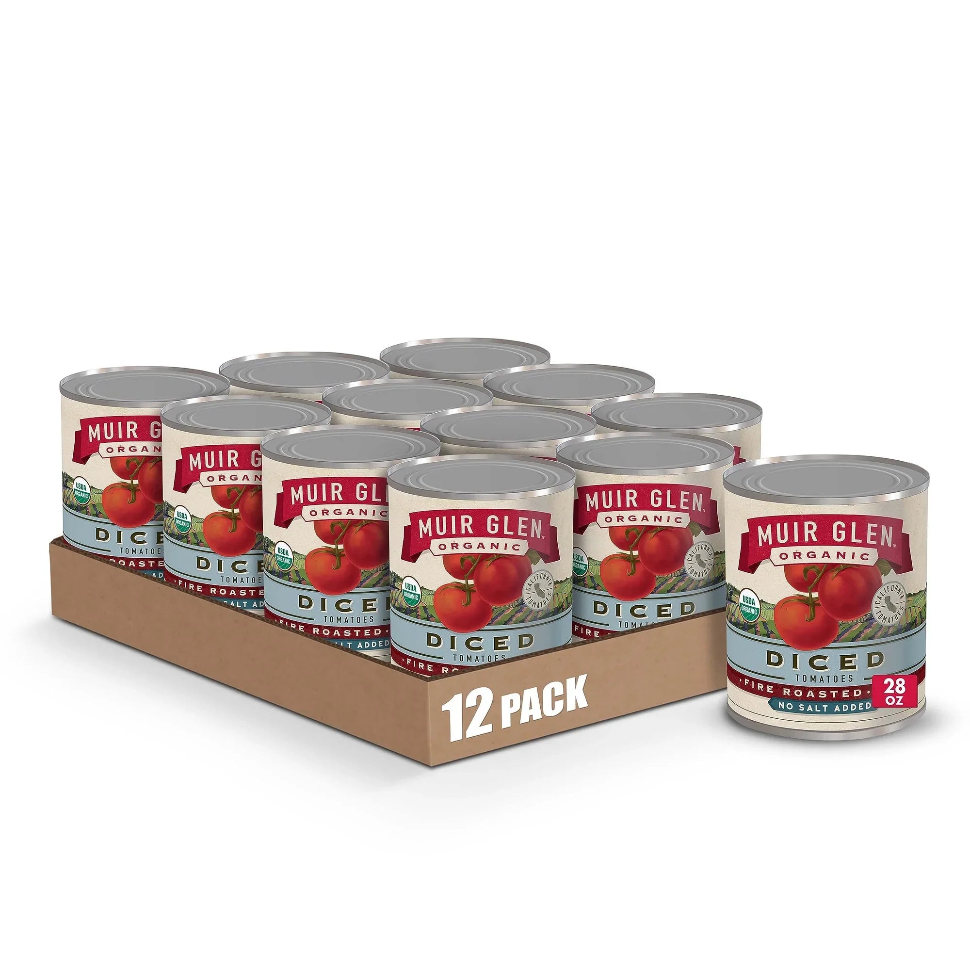 Muir Glen Organic Fire Roasted Diced Tomatoes, No Salt Added, 28 oz, Case of 12