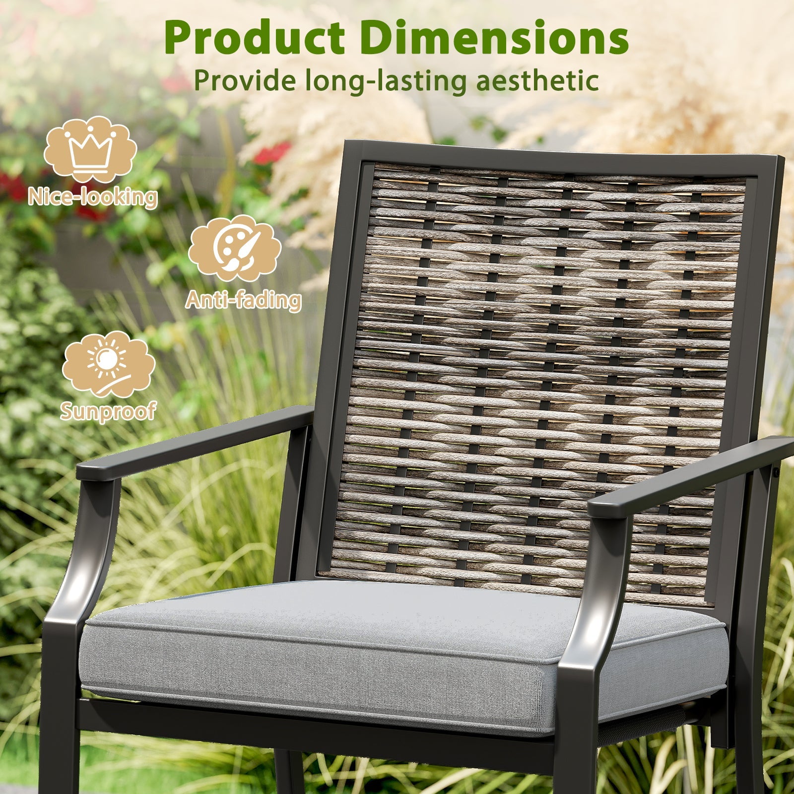 Patio Bar Stools Set of 2 Counter Height Rattan Bar Chairs with Armrest-Grey