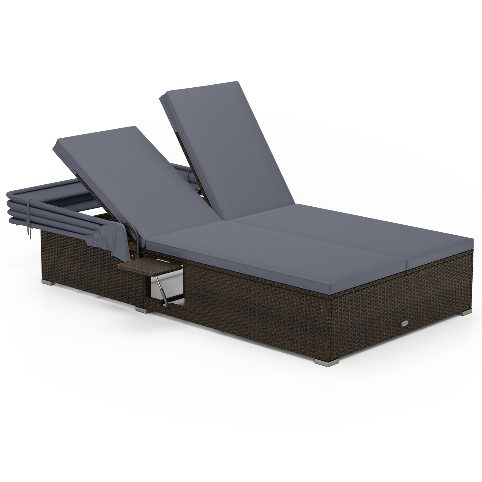 Patio Double Chaise Lounge with Shade Cushions and Folding Side Trays