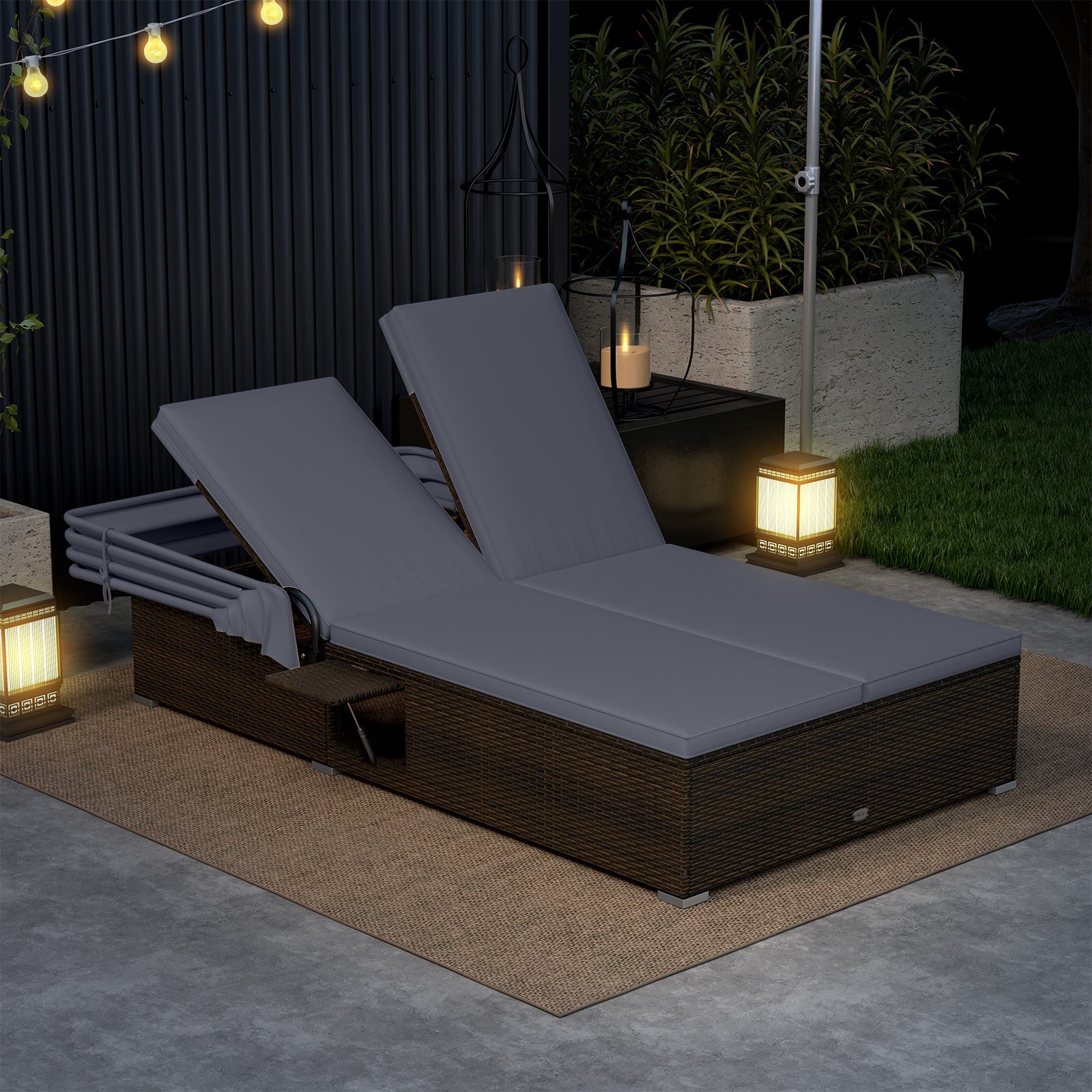 Patio Double Chaise Lounge with Shade Cushions and Folding Side Trays