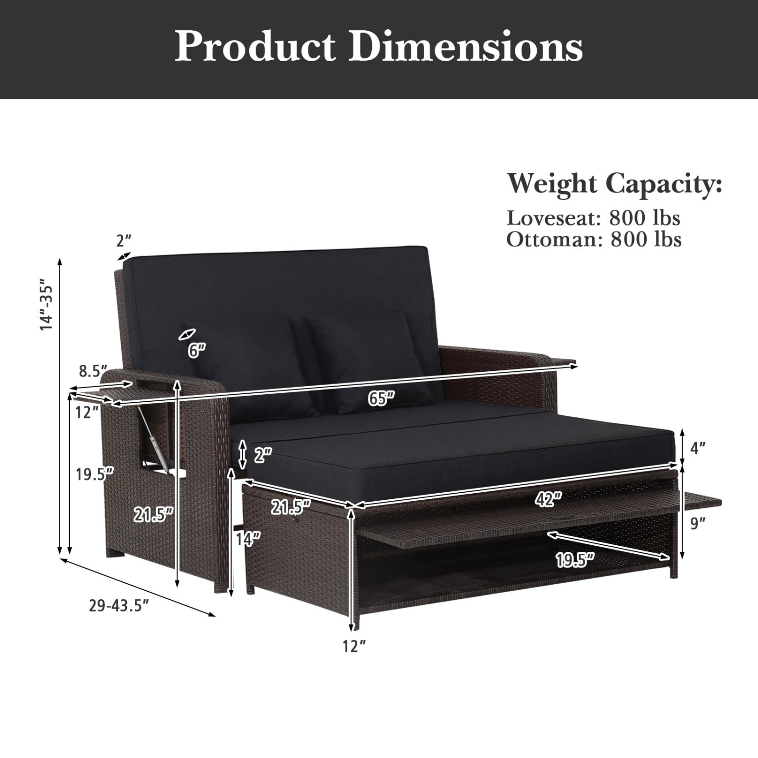 Outdoor Rattan Daybed with 4-Position Adjustable Backrest