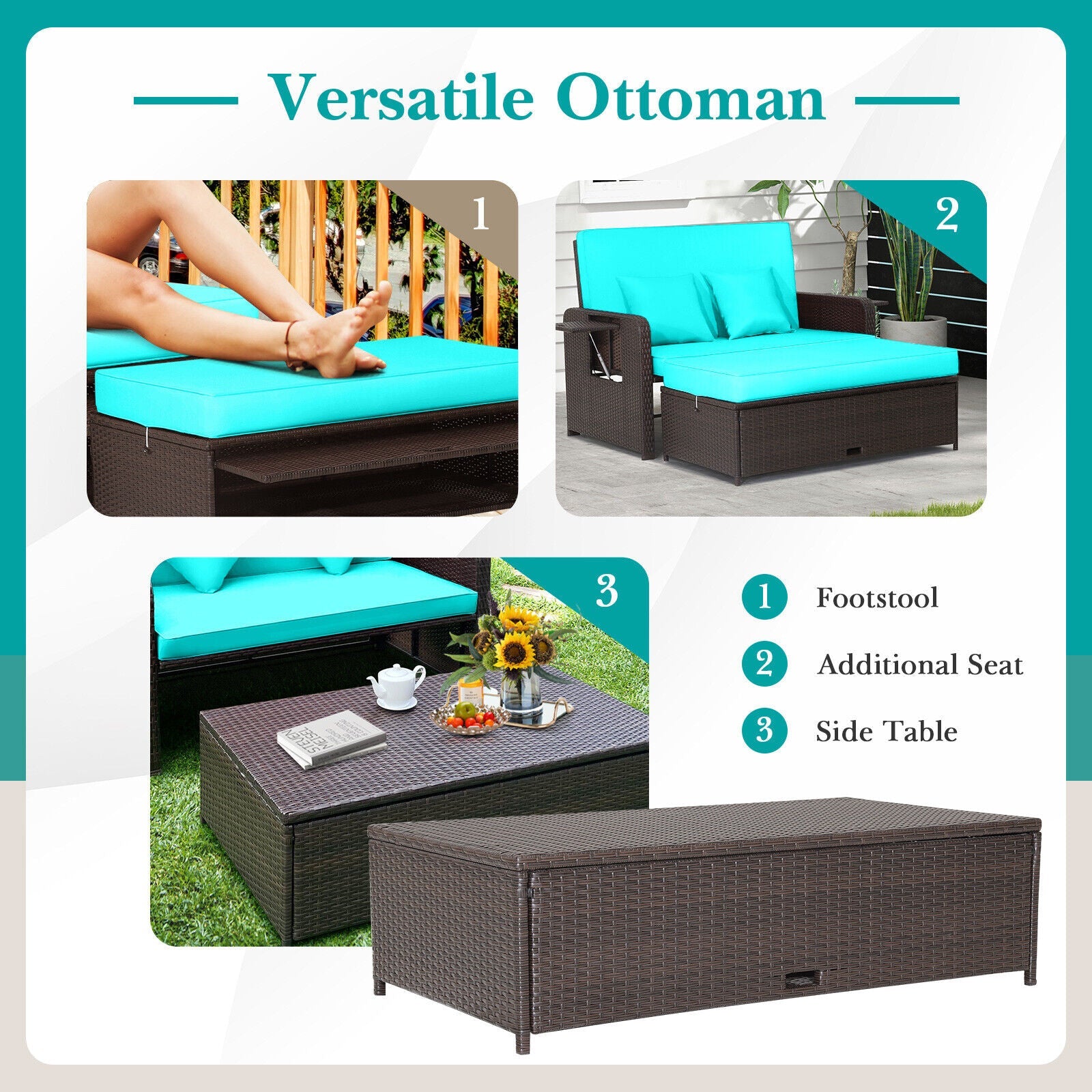 Outdoor Rattan Daybed with 4-Position Adjustable Backrest