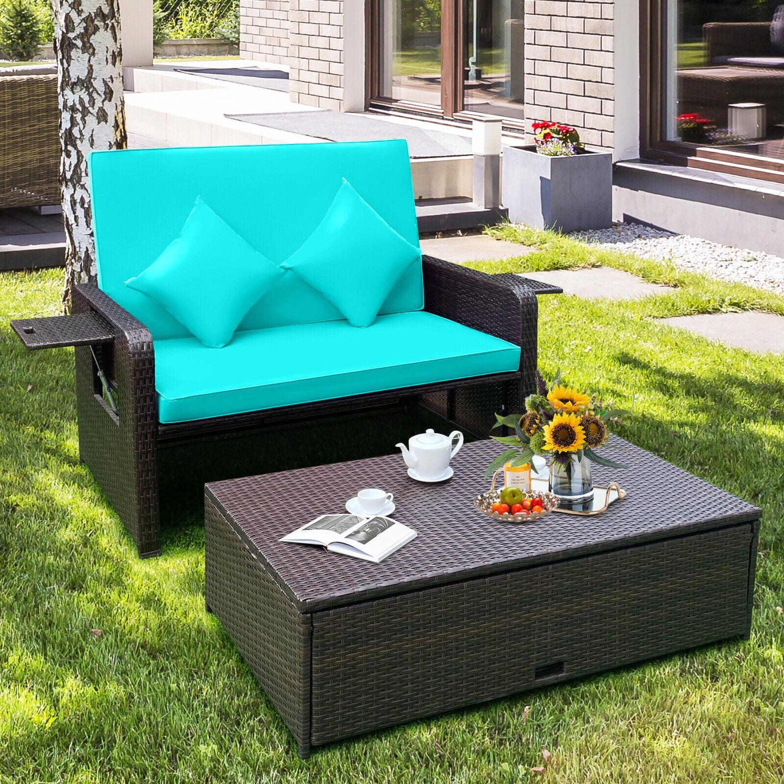 Outdoor Rattan Daybed with 4-Position Adjustable Backrest