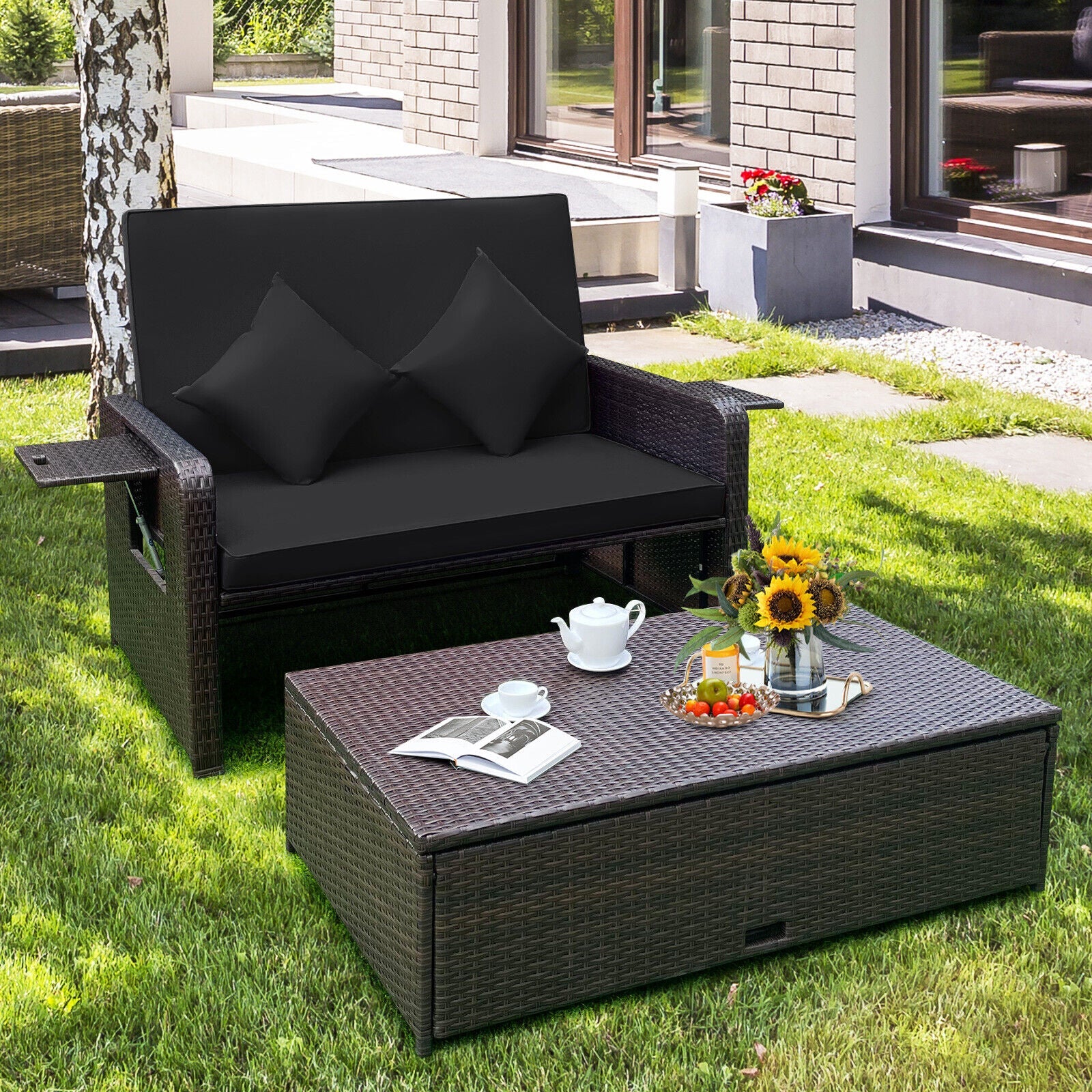 Outdoor Rattan Daybed with 4-Position Adjustable Backrest