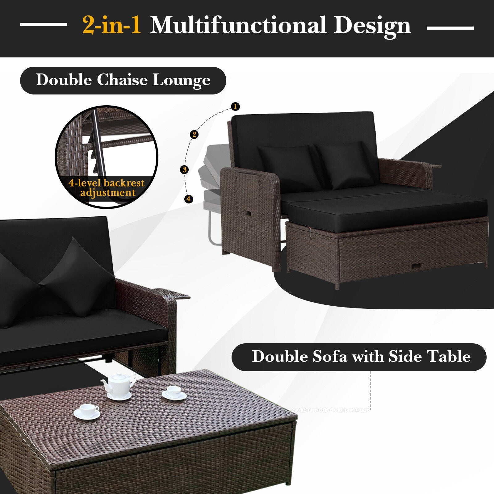 Outdoor Rattan Daybed with 4-Position Adjustable Backrest
