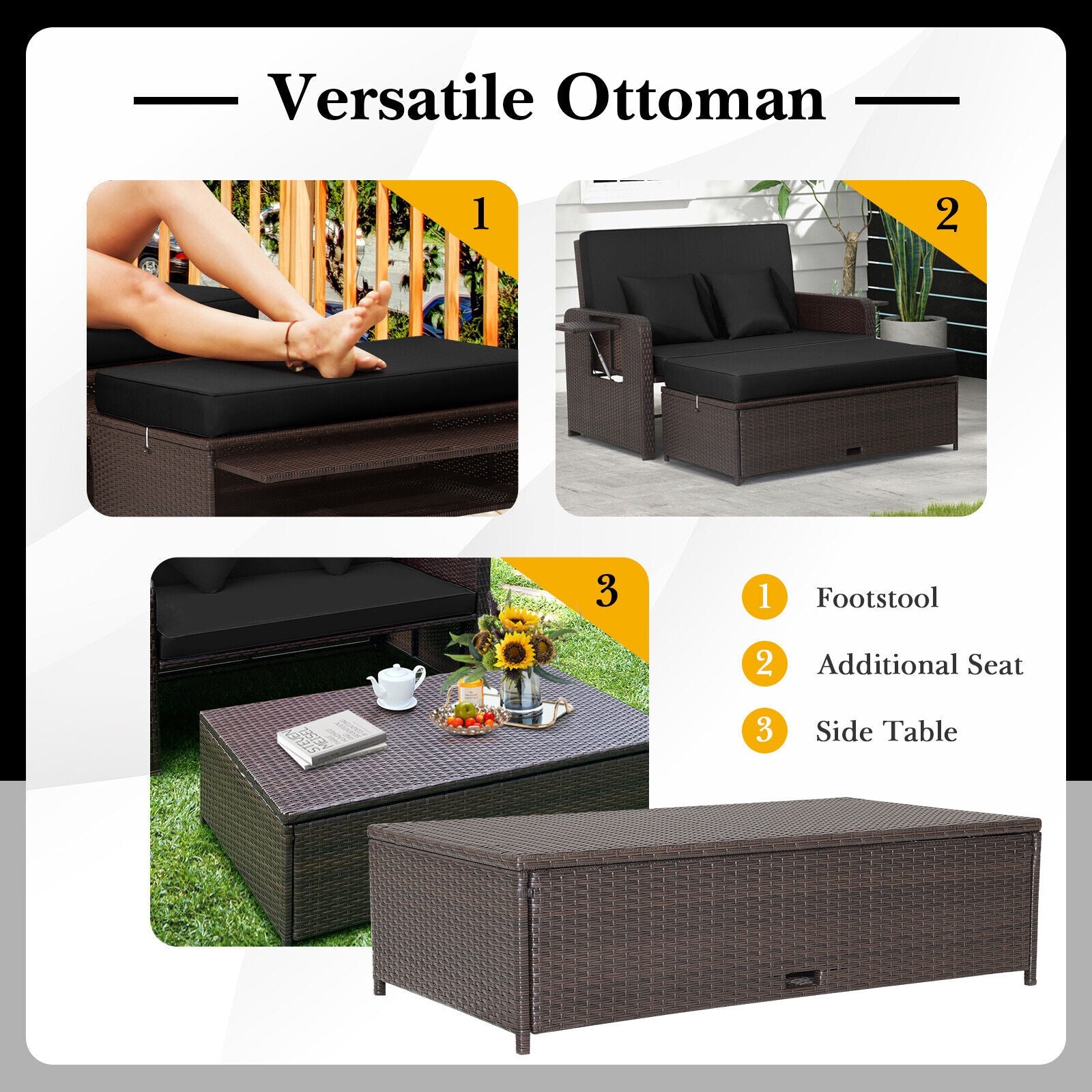 Outdoor Rattan Daybed with 4-Position Adjustable Backrest