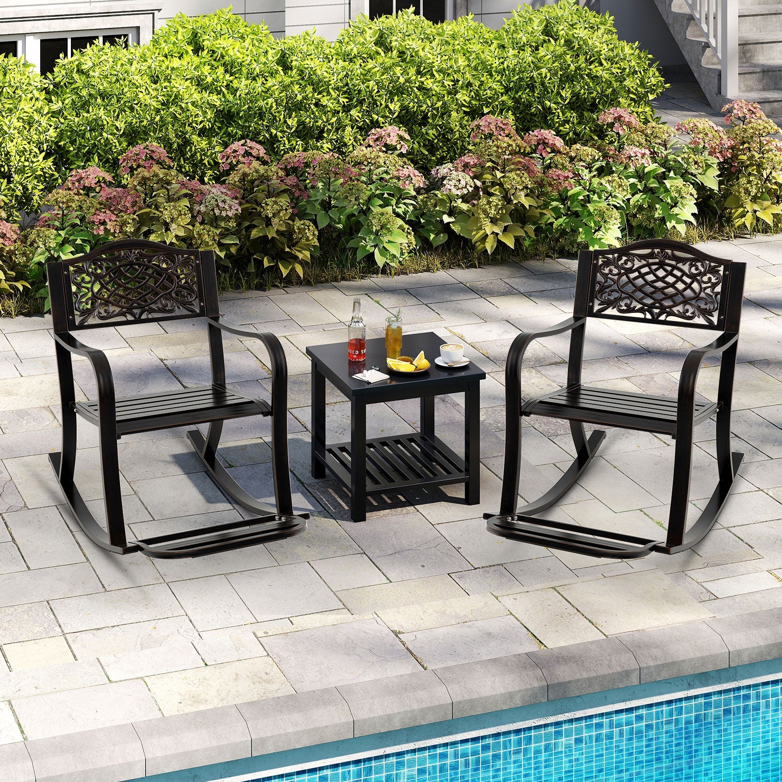 Patio Rocking Chair with Footrest and Curved Armrests-Brown