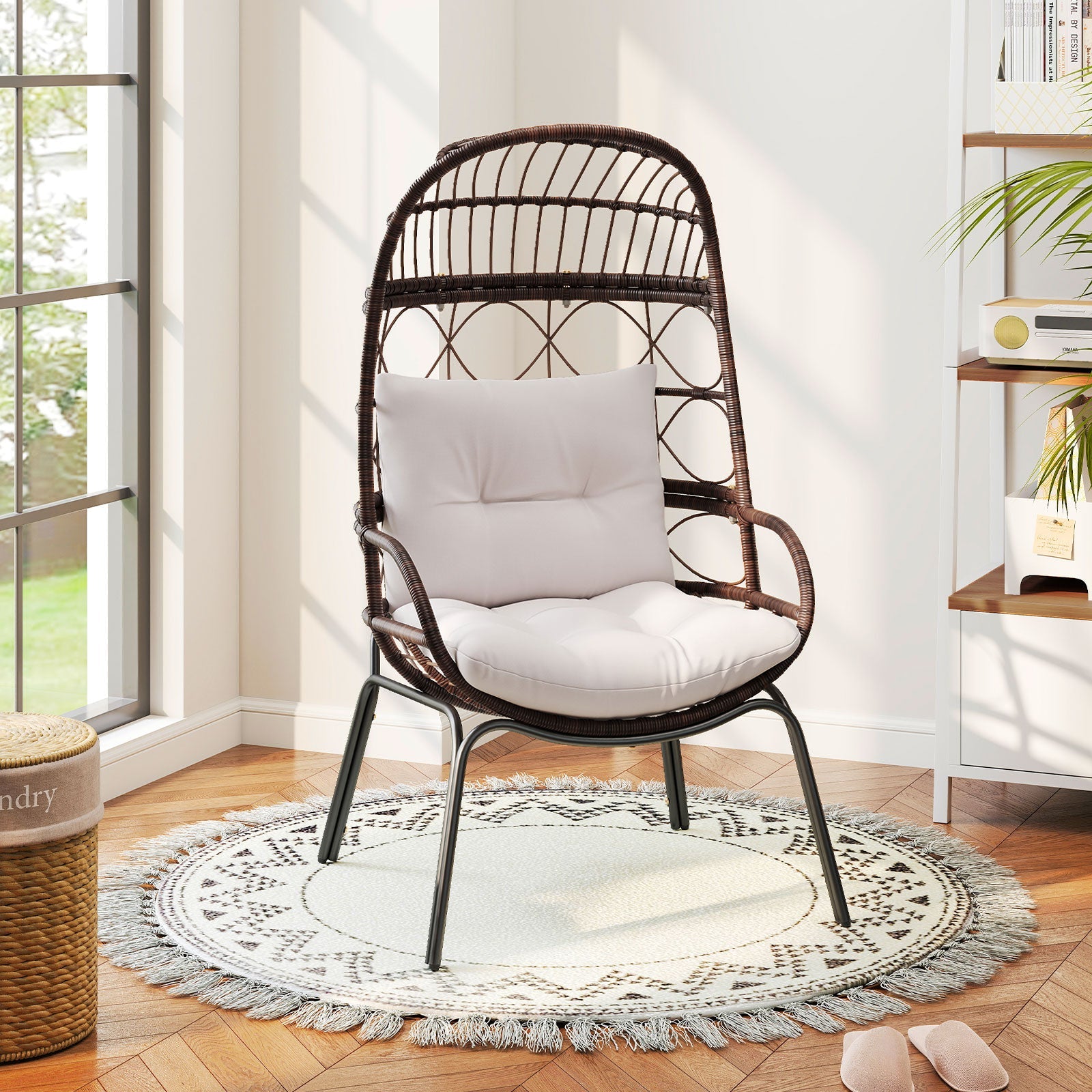 Patio Wicker Egg Chair Outdoor Rattan Lounge Basket with Seat and Back Cushions-Brown