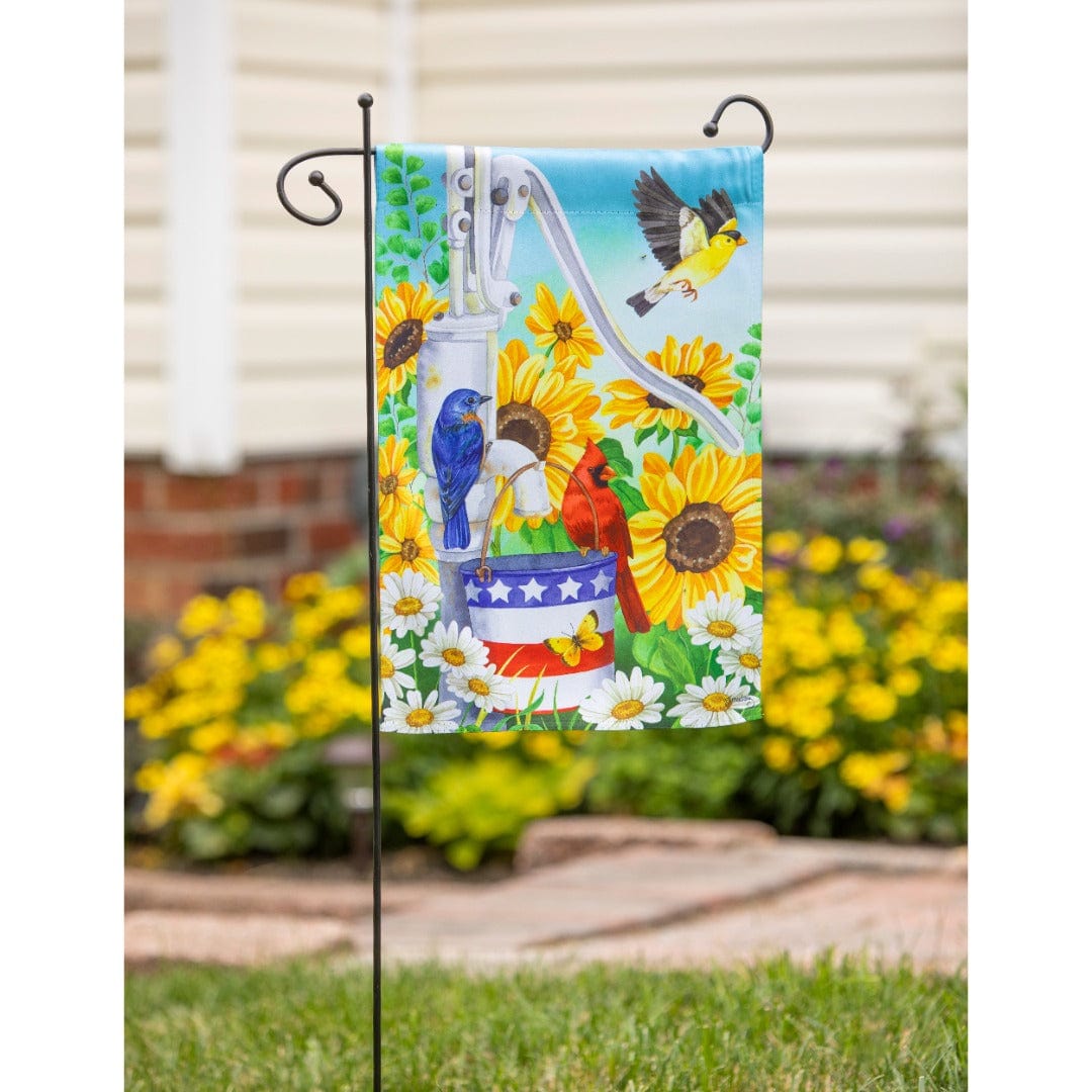Patriotic Pump Garden Flag 2 Sided Birds Sunflowers