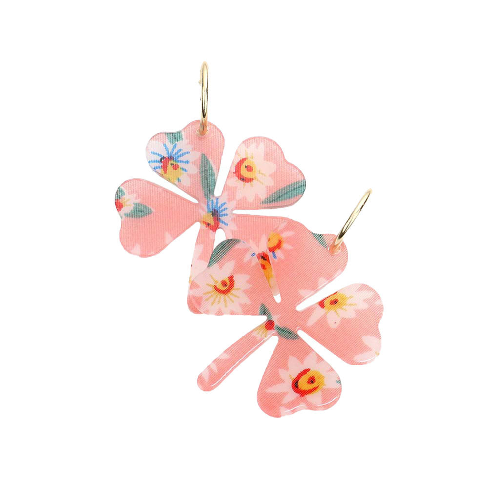 Flower Patterned Resin Clover Dangle Earrings
