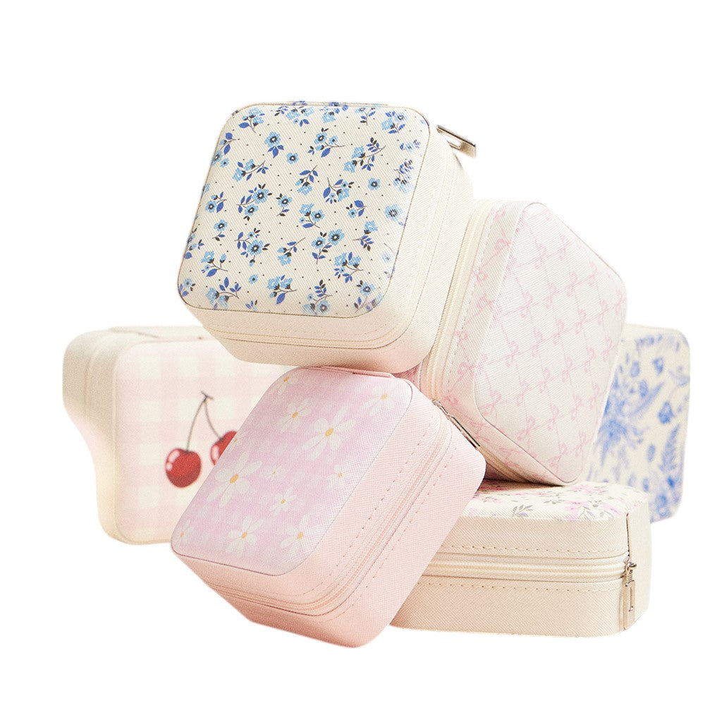 Daisy Flower Checkered Pattern Portable Square Jewelry Box