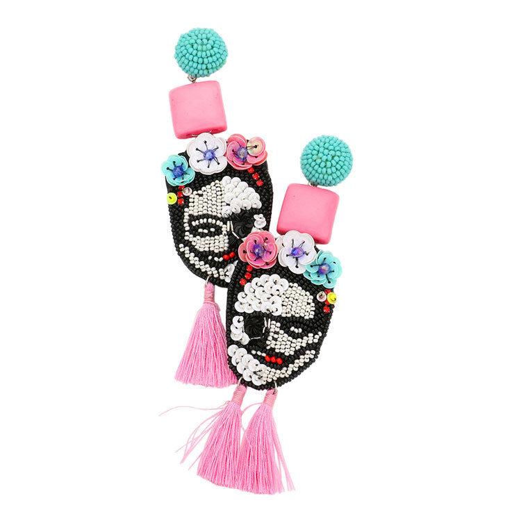Triple Flower Seed Beaded Skull Tassel Link Dangle Earrings