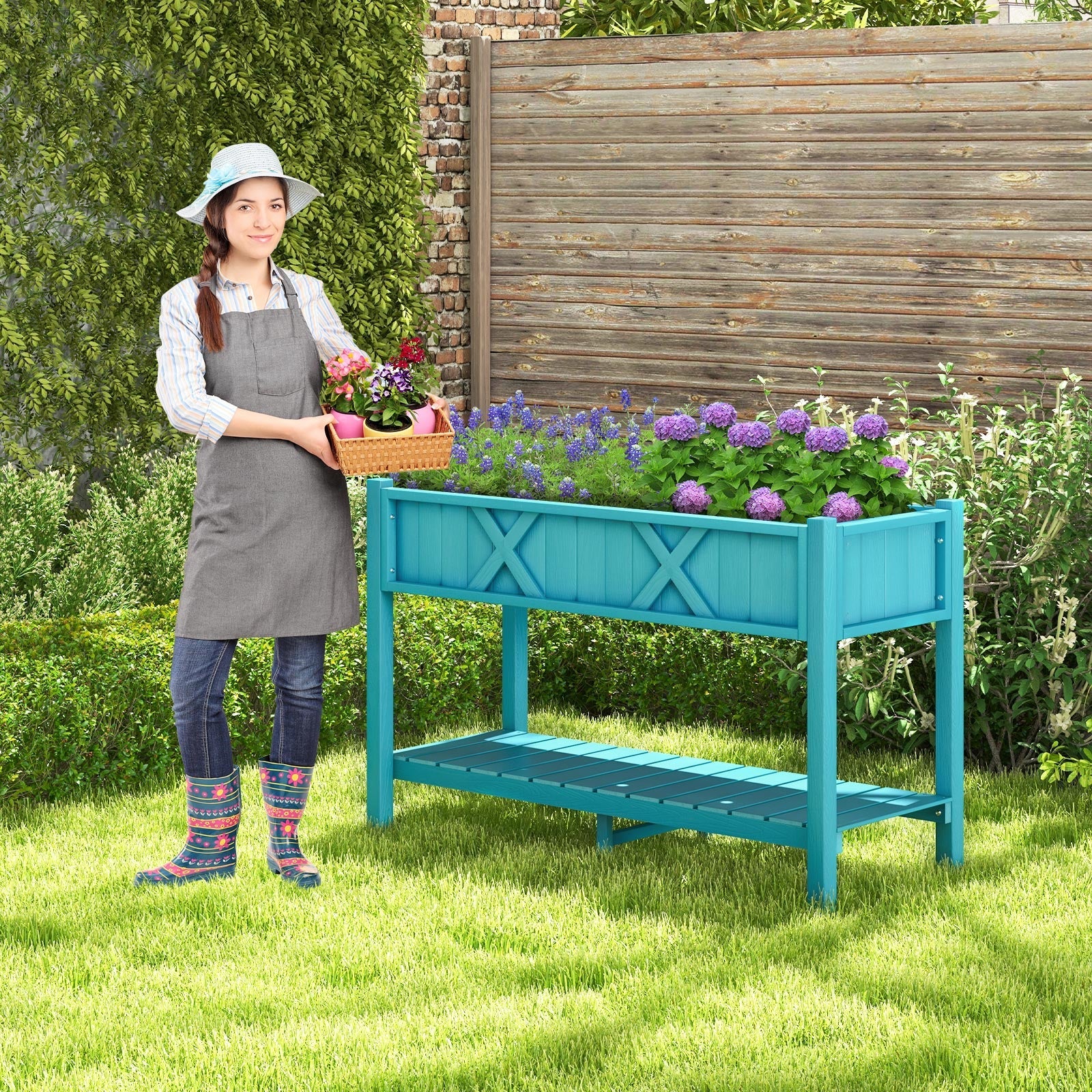 Poly Wood Elevated Planter Box with Legs Storage Shelf Drainage Holes