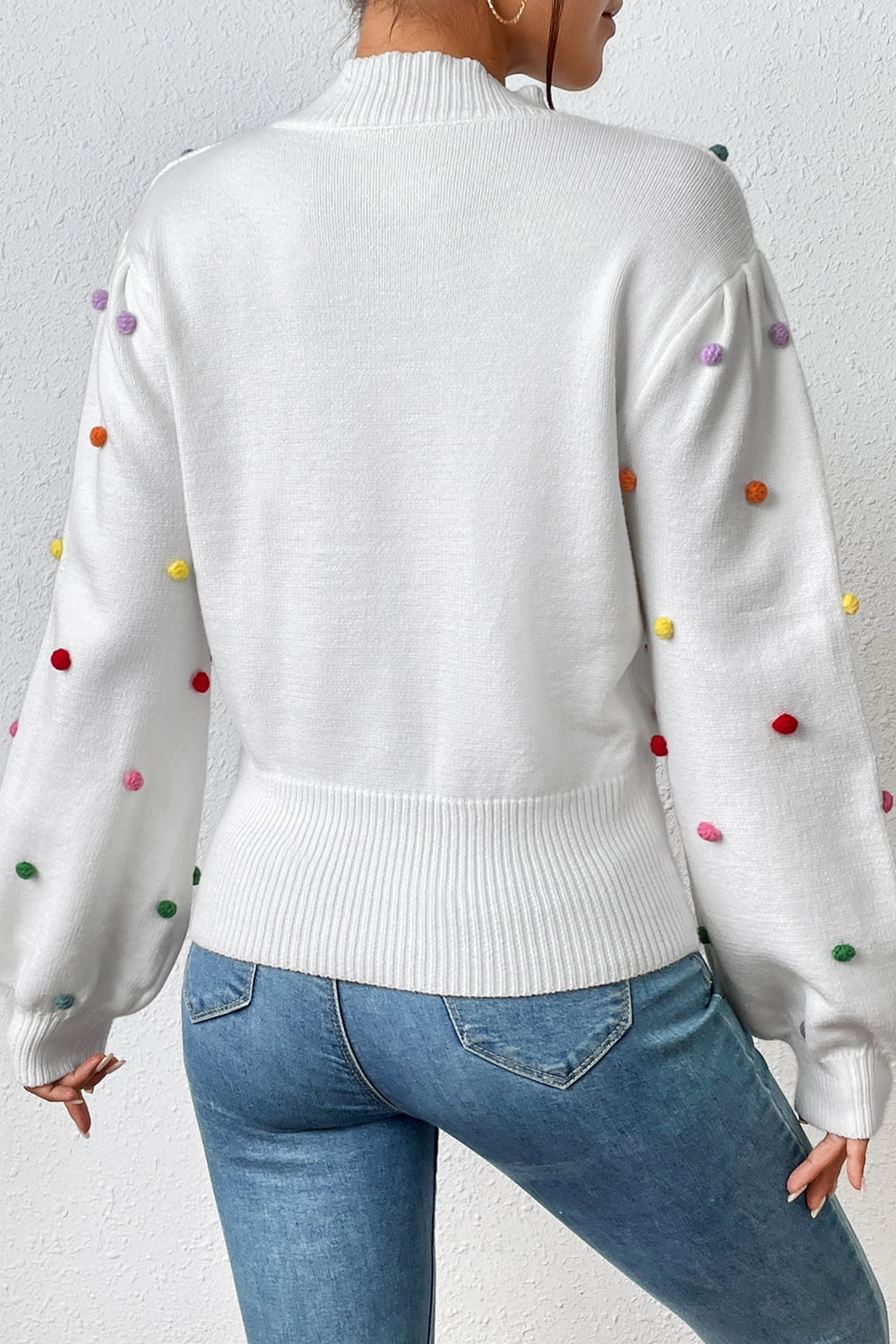 Pom-Pom Trim Mock Neck Long Sleeve Pullover Sweater.