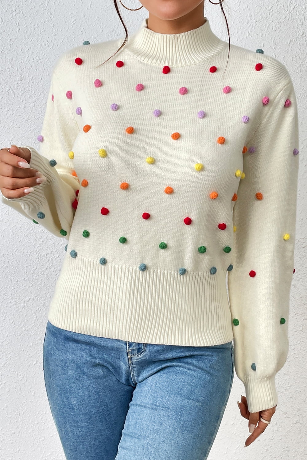 Pom-Pom Trim Mock Neck Long Sleeve Pullover Sweater.