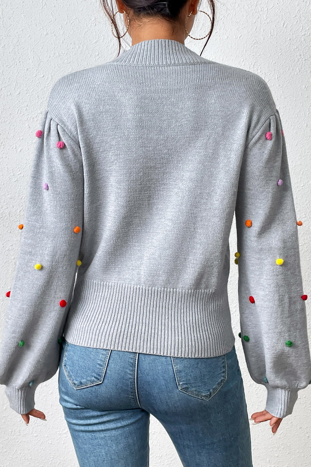 Pom-Pom Trim Mock Neck Long Sleeve Pullover Sweater.
