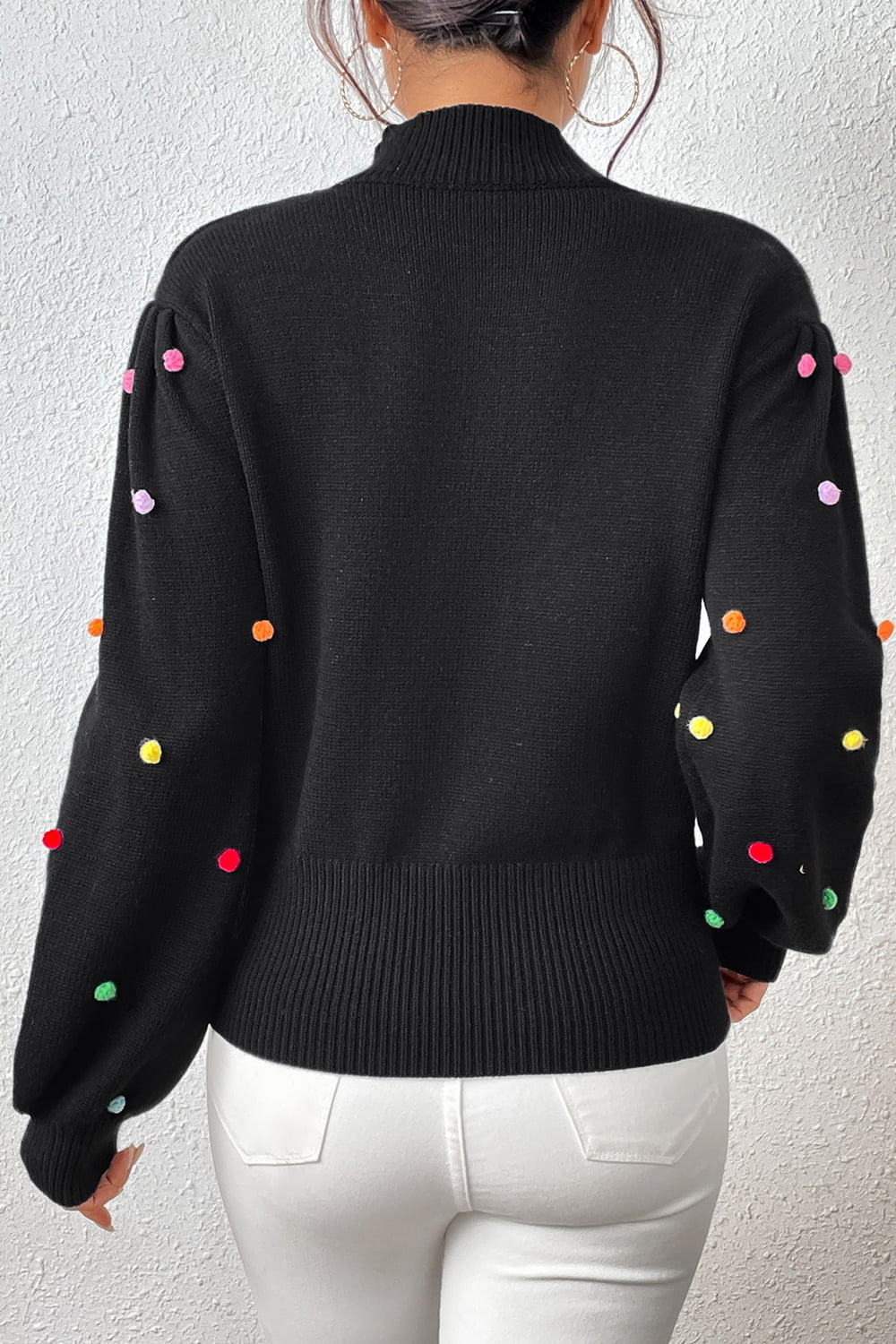 Pom-Pom Trim Mock Neck Long Sleeve Pullover Sweater.