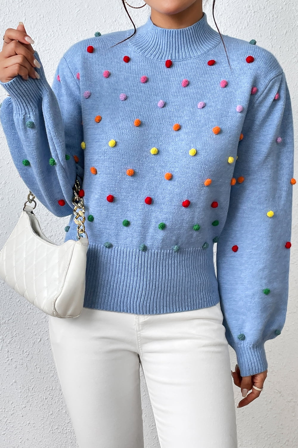 Pom-Pom Trim Mock Neck Long Sleeve Pullover Sweater.