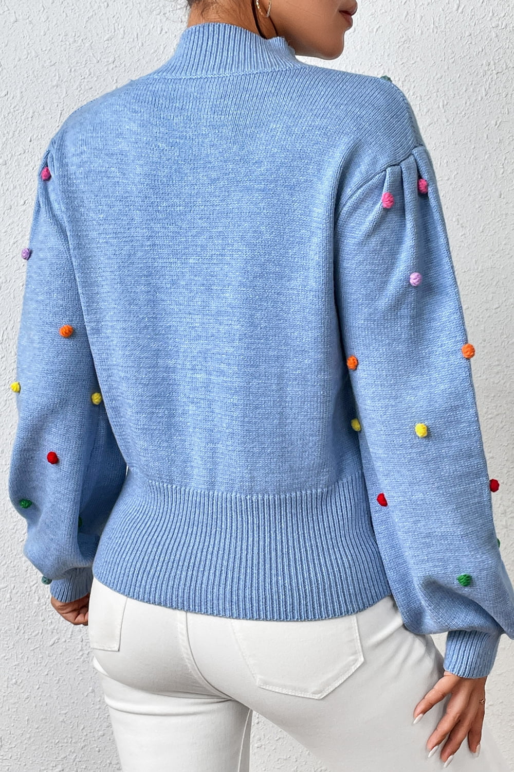 Pom-Pom Trim Mock Neck Long Sleeve Pullover Sweater.