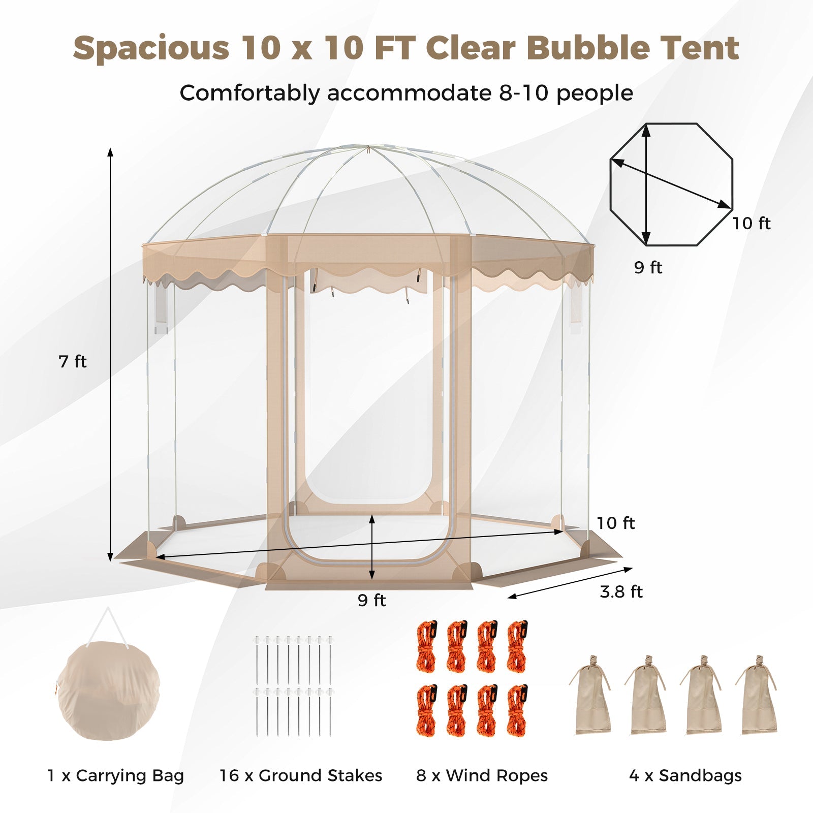 Pop Up Bubble Tent 10x10 FT for 8-10 People Weatherproof Pod with 540° Panoramic Clear PVC