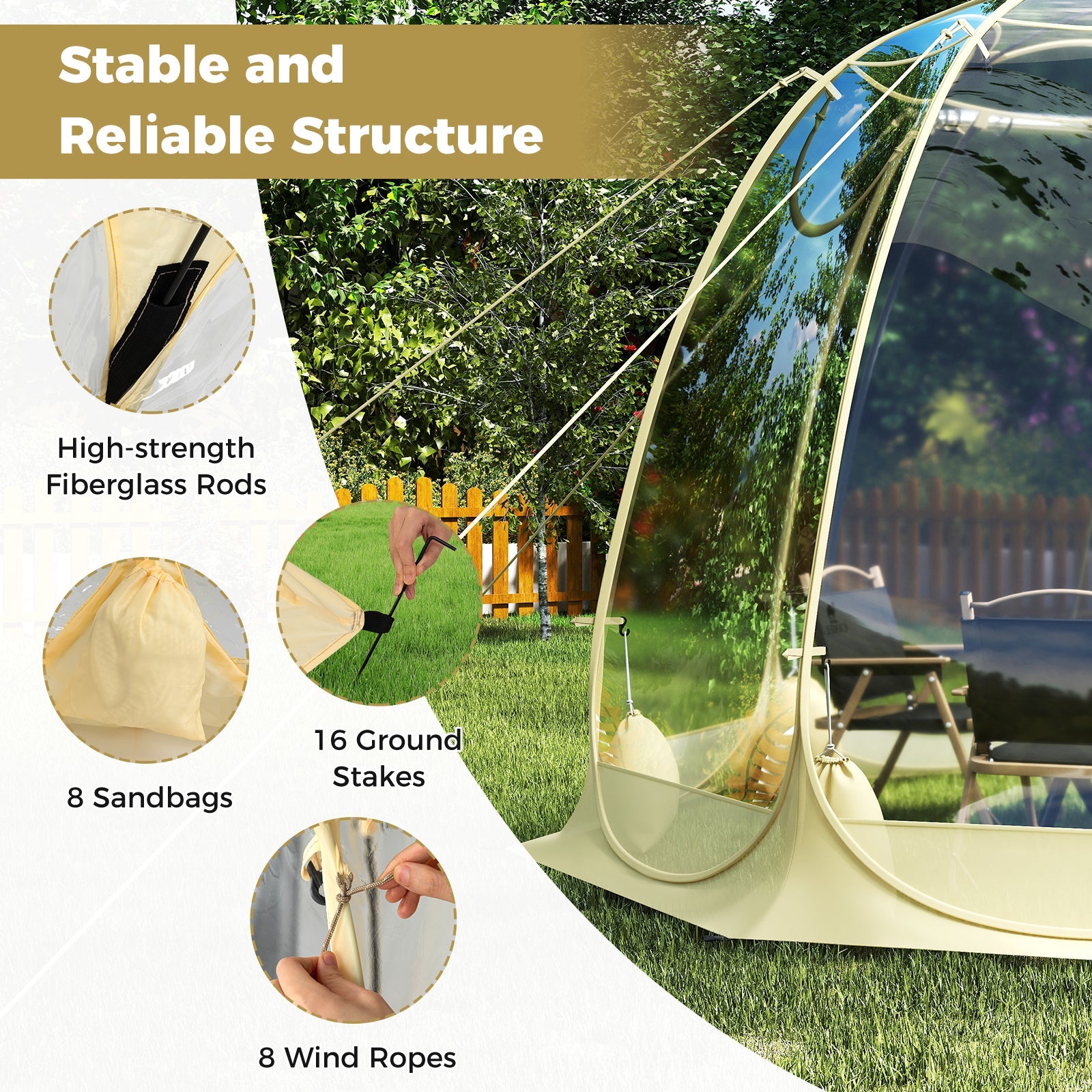 Pop Up Bubble Tent 630° Transparent PVC Igloo 8.5 x 8.5 FT Instant Setup Screen House for 5-6 People-Beige