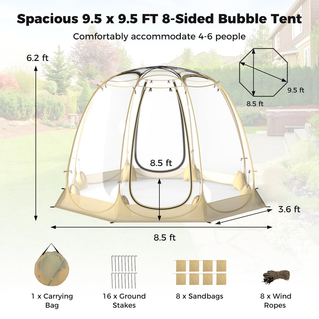 Pop Up Bubble Tent 630° Transparent PVC Igloo 8.5 x 8.5 FT Instant Setup Screen House for 5-6 People-Beige