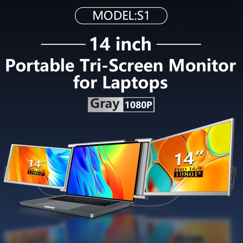 Portable Triple Monitor for Laptop | 14" Laptop Screen Extender, Surveillance Video Security Monitor Displays, 315° Rotate, Plug and Play, 1080P FHD, for 13.5"-16.5" Laptops