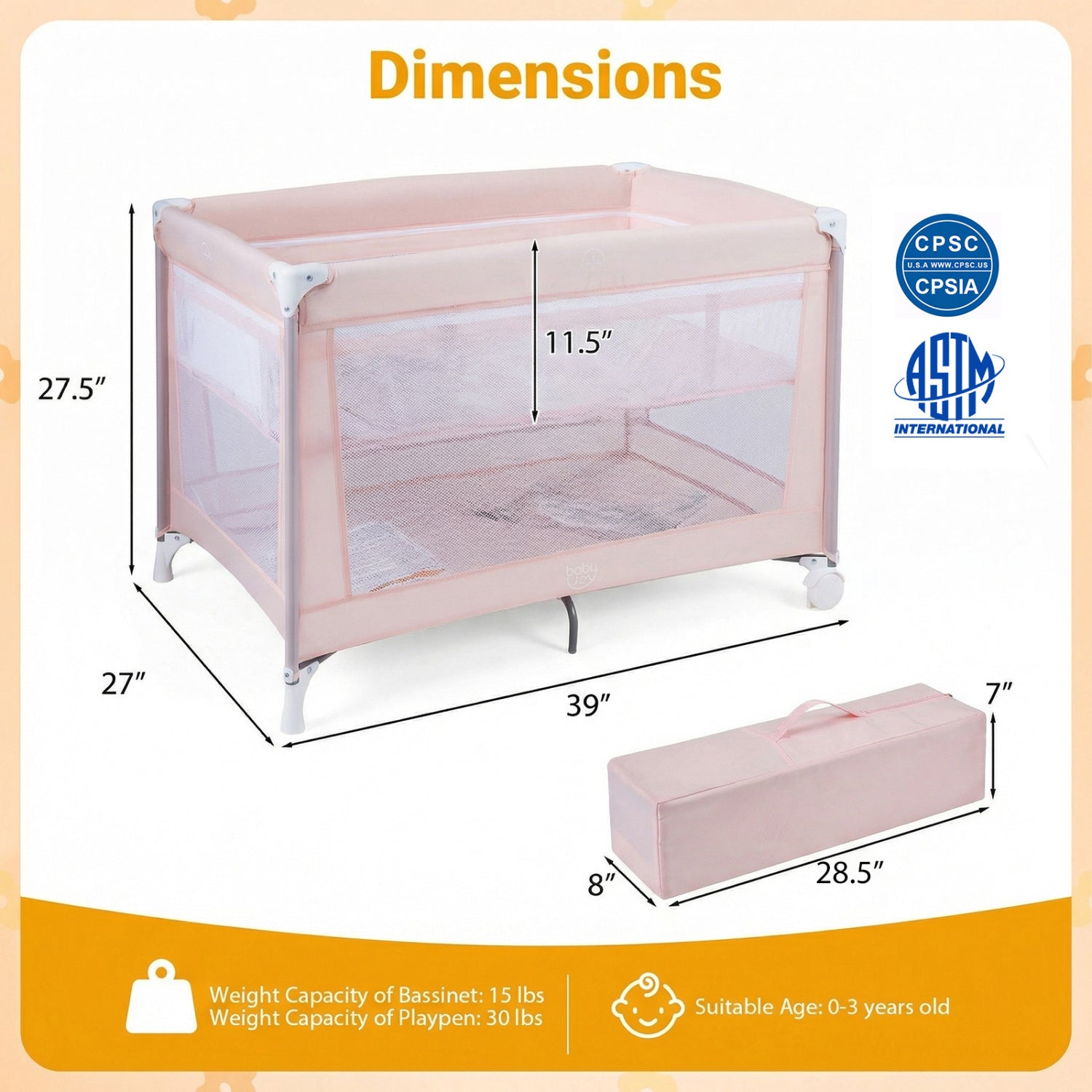 Portable Baby Playard Folding Travel Crib for Infants with Soft Mattress