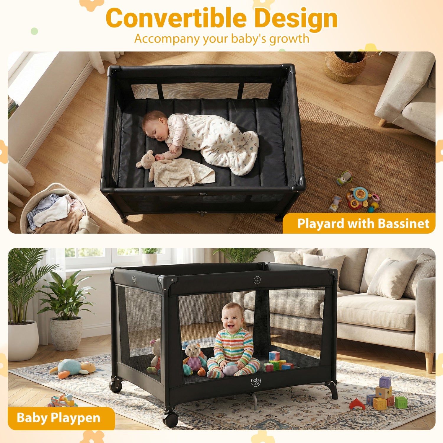 Portable Baby Playard Folding Travel Crib for Infants with Soft Mattress