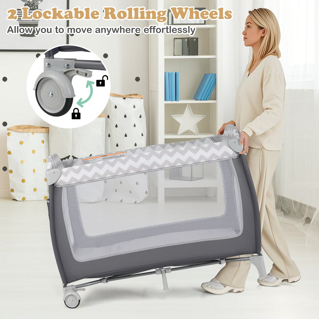 3-in-1 Portable Baby Playard with Zippered Door and Toy Bar-Gray