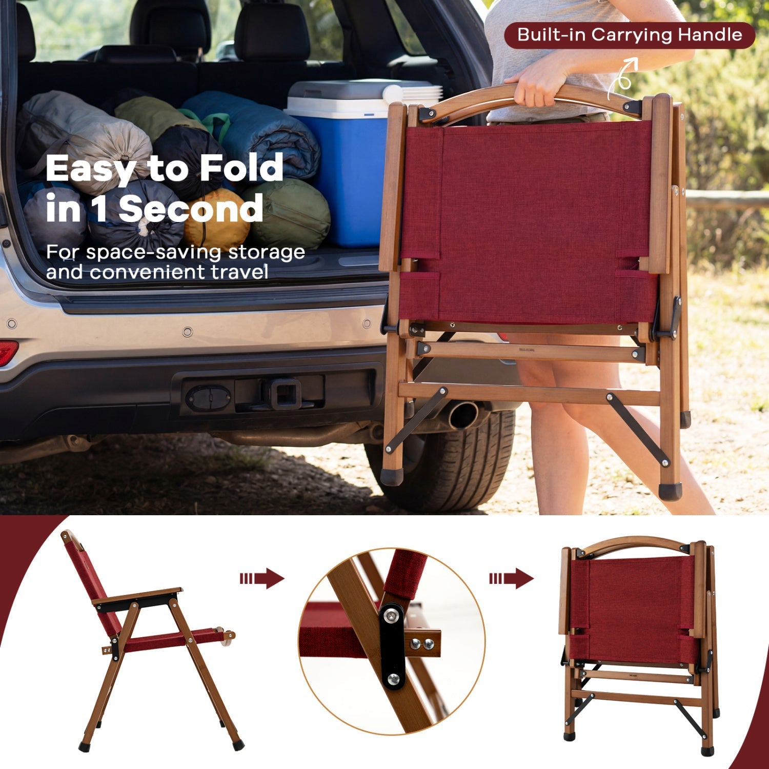 Portable and Lightweight Folding Camping Chair for Patio Picnic Leisure Fishing Travel Beach-Red