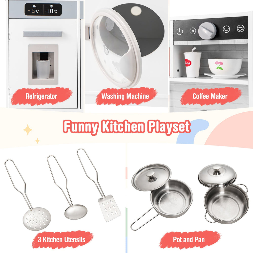 Pretend Play Kitchen Wooden Toy Set Kitchen Accessory Playset with Real Lights Sounds-White