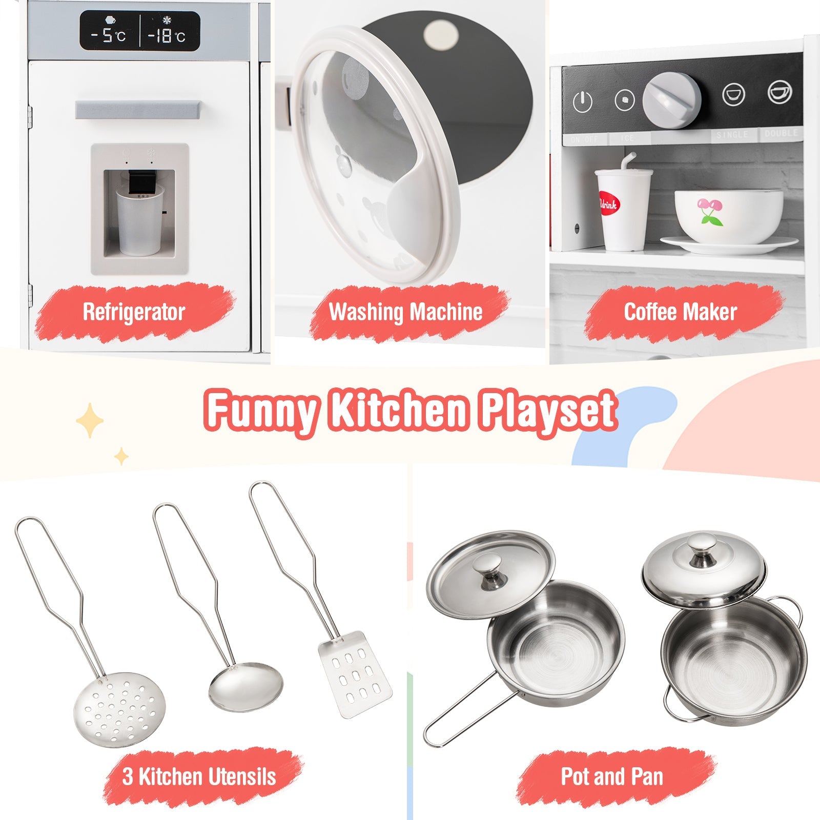 Pretend Play Kitchen Wooden Toy Set Kitchen Accessory Playset with Real Lights Sounds-White