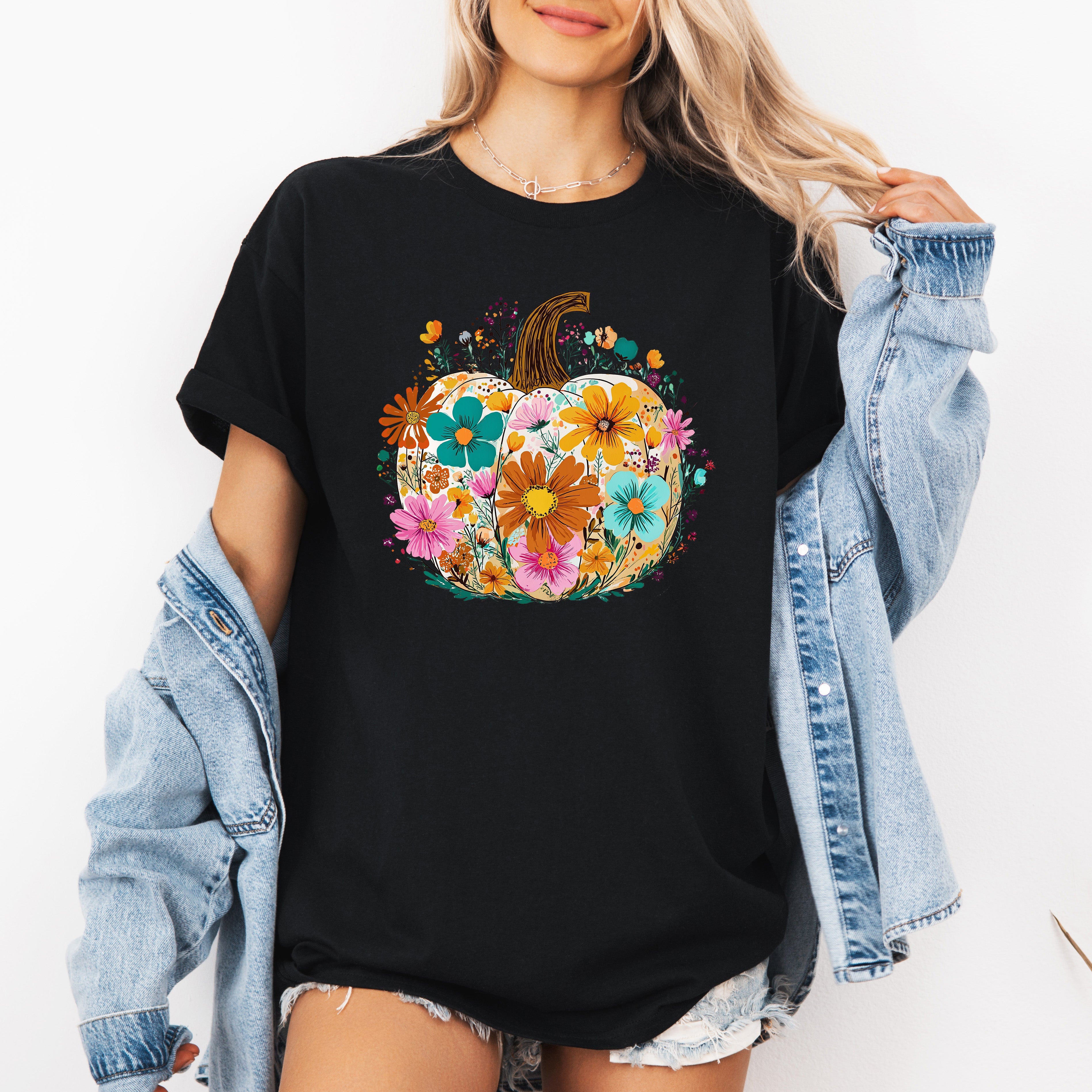 Pumpkin Floral Halloween Autumn Cozy Seasonal Vibes Festive Harvest Moon Charm Graphic Tee