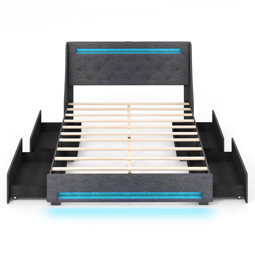 Queen Size Upholstered Platform Bed Frame with LED Lights and Charging Station-Grey