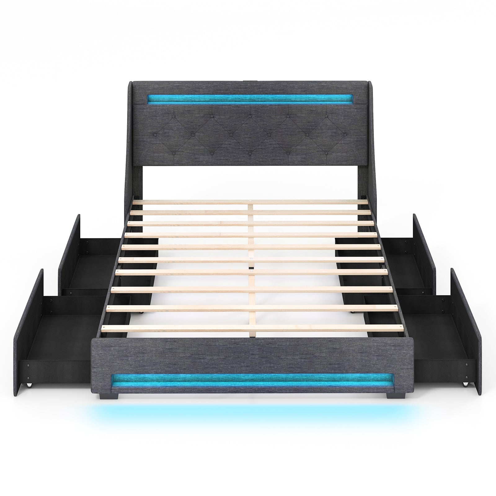 Queen Size Upholstered Platform Bed Frame with LED Lights and Charging Station-Grey