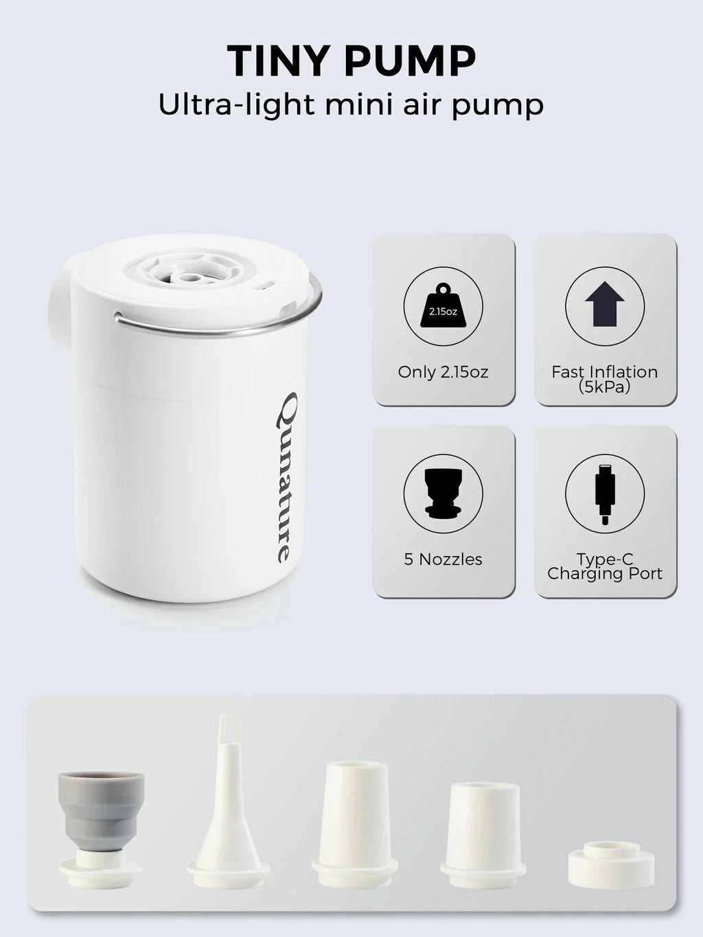 Qunature Mini Electric Pump 1500mAh for Air Bed Mattress,Pool Floats,Swimming Ring,Vacuum Storage Bags