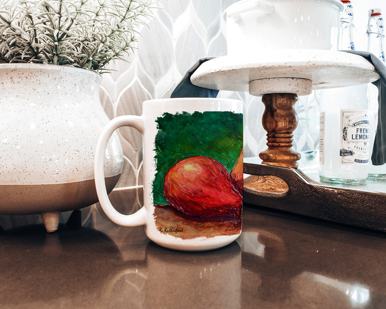 Pears Ceramic Coffee Mug 15 oz Decorative Large C Handle Mug Cup for Tea, Cocoa Hot Chocolate